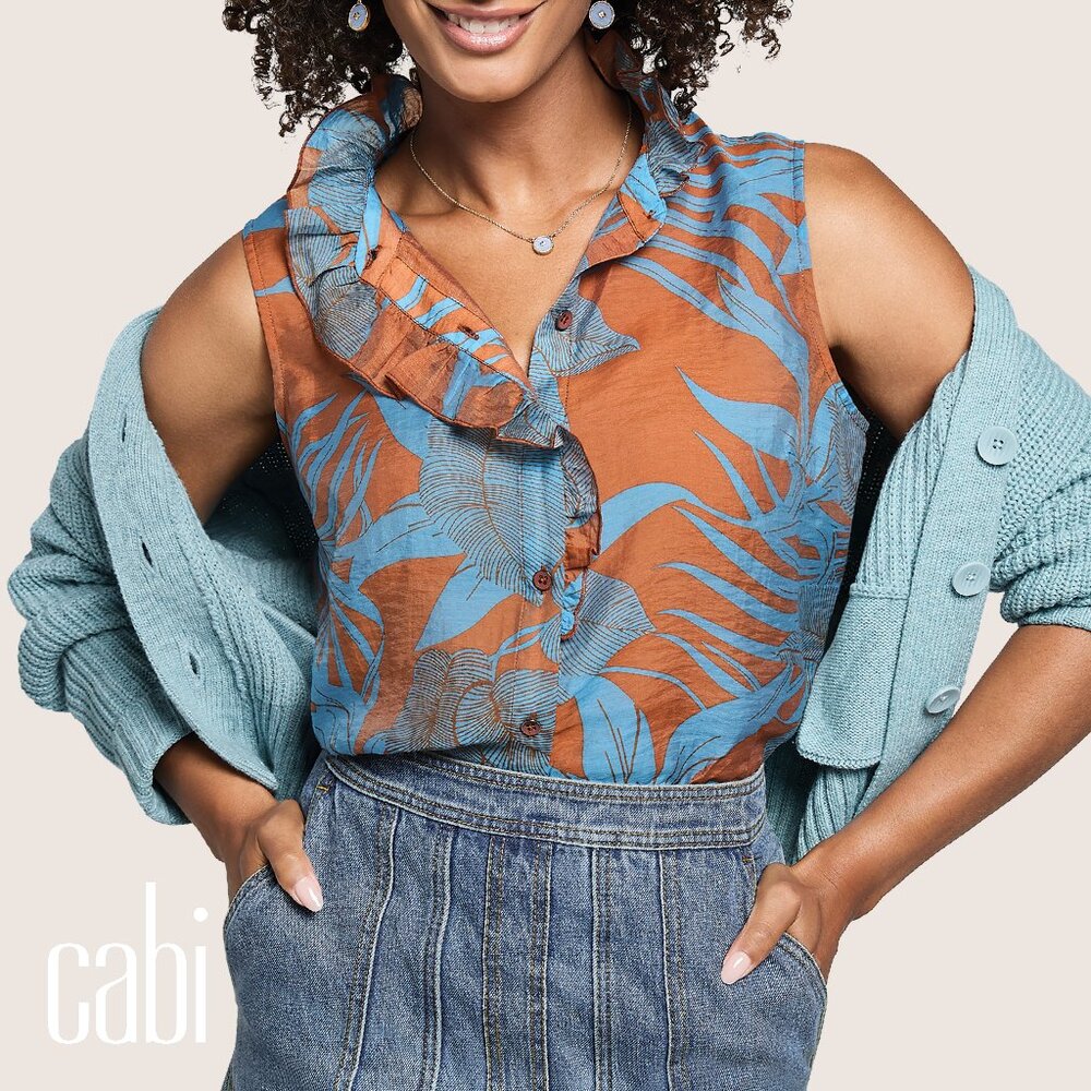 CAbi Blue and Brown Sleeveless Blouse